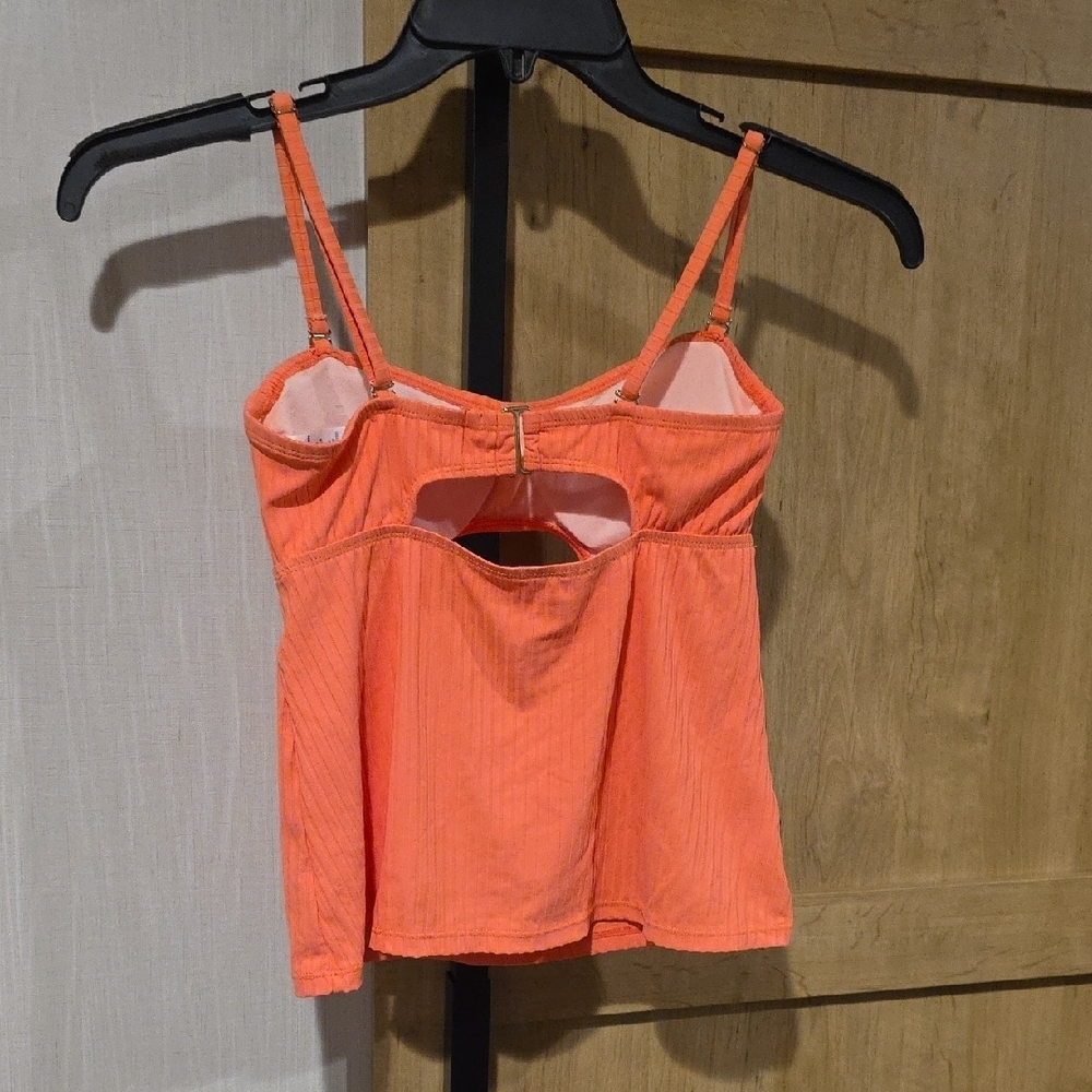 (J29) Coral Ribbed Cutout Swim Top Sz S - Picture 4 of 5